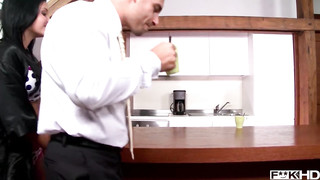 Amazing Brunette Loves Getting Fingered While Giving Blowjob on the Kitchen Table