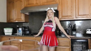 Busty Blonde Cheerleader Shows her Gorgeous Natural Boobs and Delivers Blowjob