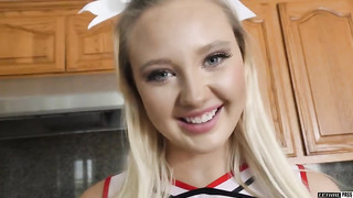 Busty Blonde Cheerleader Shows her Gorgeous Natural Boobs and Delivers Blowjob