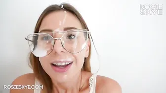 Gorgeous Teen with Glasses Gets Huge Warm Cum Shower After Sucking Dick