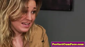 English Chick in Stockings Gives Blowjob and Gets Warm Cum in her Eyes