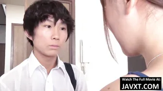 Delicious Japanese Mommy with Huge Natural Tits Gives Nice Relaxing Handjob to her Stepson