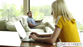 Amazing Blonde Cutie Gives Nice Footjob and Gets Fucked with Cum on her Feet