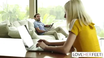 Amazing Blonde Cutie Gives Nice Footjob and Gets Fucked with Cum on her Feet