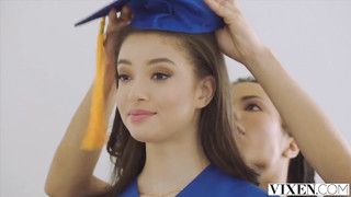 Two Amazing College Chicks Having Nasty Threesome After the Graduation