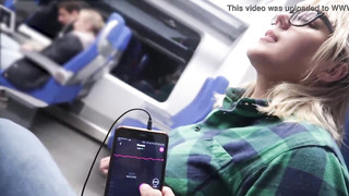 Blonde Babe With Toy in Her Pussy Rubbing And Sucking Botfriend's Dick On Train