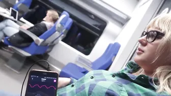 Blonde Babe With Toy in Her Pussy Rubbing And Sucking Botfriend's Dick On Train